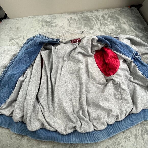 Basic Bomber Jean Trucker Jacket Men's XL Blue Denim Hooded Snap Button RN 90163 - Picture 7 of 16